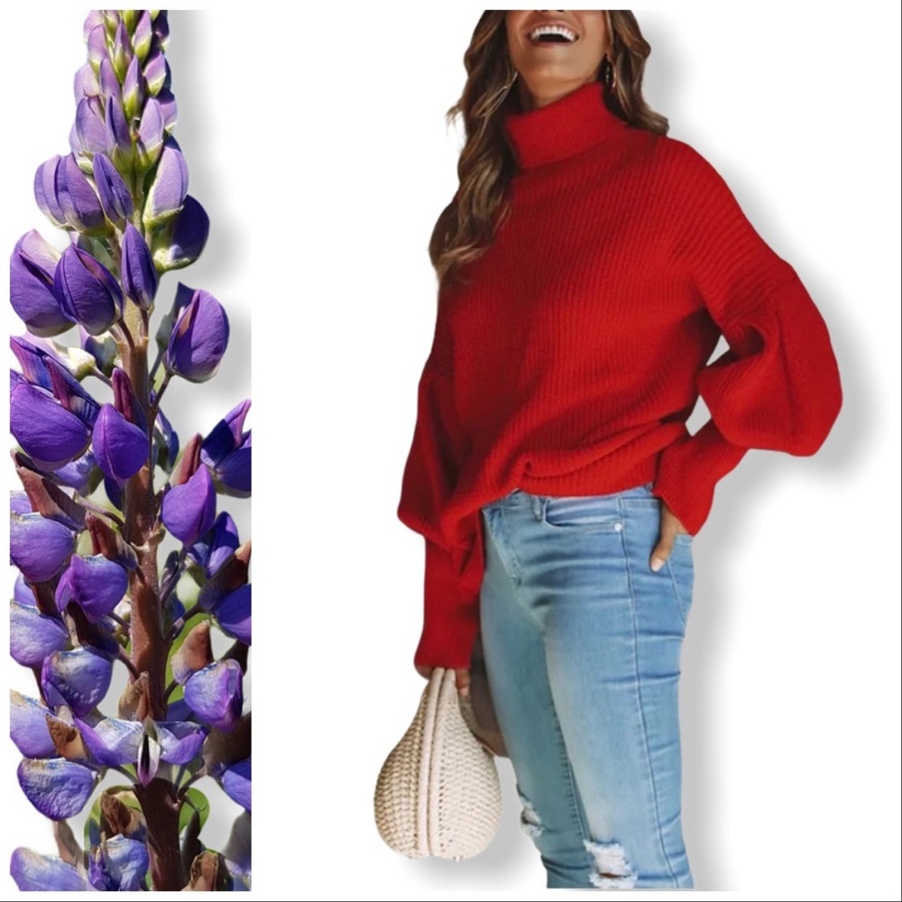 Chic Red Knit Lantern Sleeve Turtleneck Sweater XL